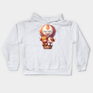 Valentine Highland Cow Couple On Hot Air Balloon Kids Hoodie